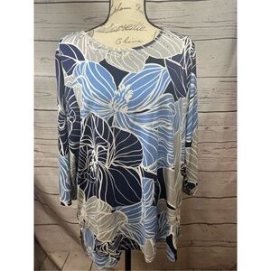 Alfred Dunner Petite PXL Floral Print‎ Long Sleeve Tunic Top Blue Gray